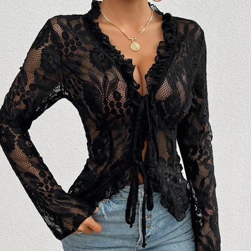 Sexy Damenbluse mit Blumenspitze zum Binden vorne durchsichtig V-Ausschnitt Cardigan Rüschenbluse - Bild 14 von 28