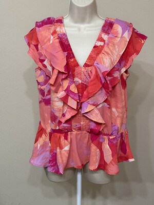 Sofia Jeans by Sofia Vergara Women s Pink & Orange V-Neck Ruffle Sleeve Blouse M