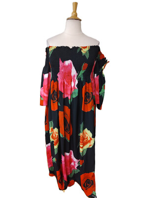 MISS ORD Red/Black Print Off-Shoulder Smock Bodice Maxi Dress-3XL