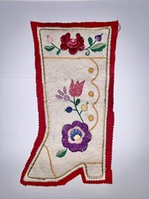 Vintage Christmas Stocking Handmade Embroidered Felt Red White Boot Shape Flower