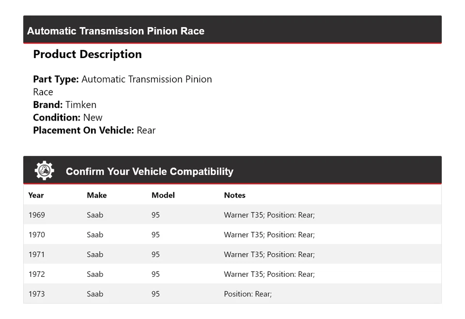 Para 1969-1973 Saab 95 Transmisión Automática Piñón Carrera Trasero Timken 1970 1971 Foto 2 de 4