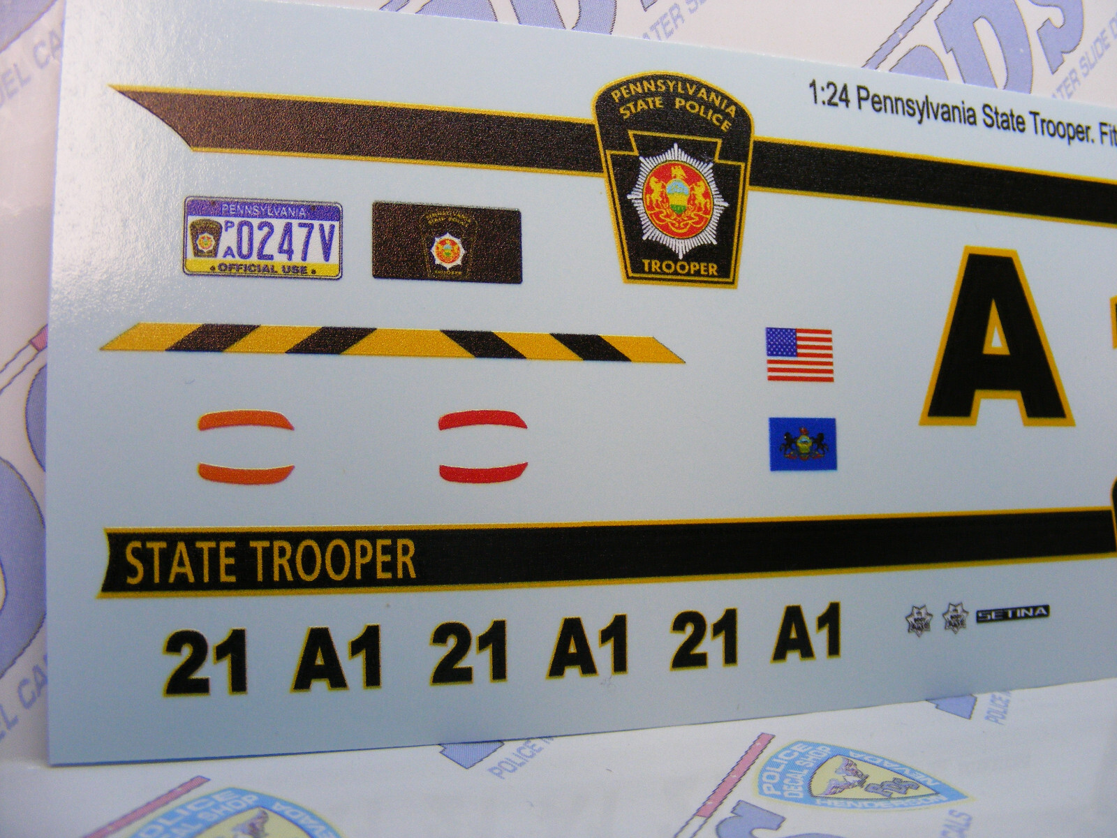Triangular Caution Sticker Pennsylvania Trooper Black Stripe 1:24 Water Slide Decals 4 Motormax ...