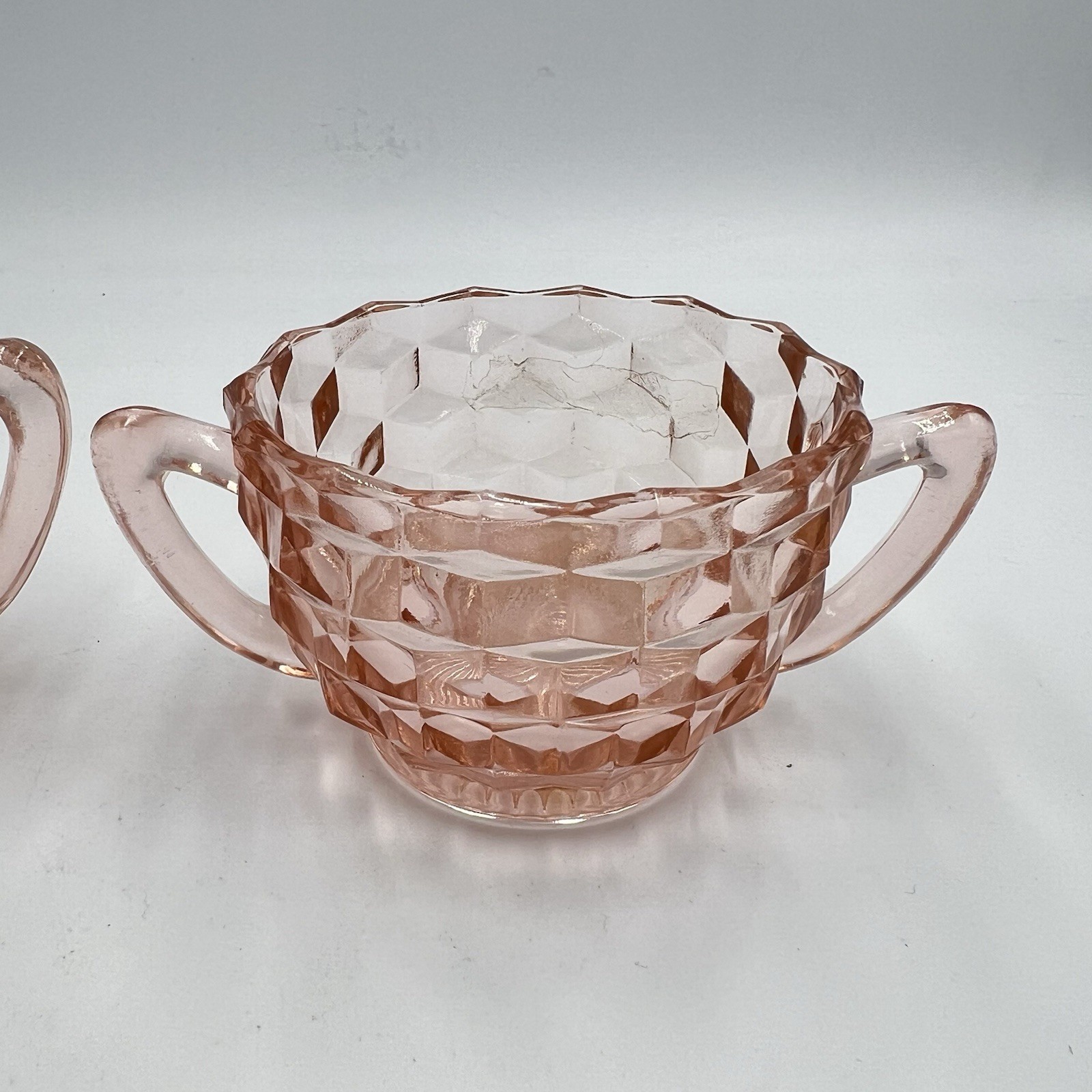 Jeannette Cubist Pink Depression Glass Creamer And Sugar Bowl Set Vintage