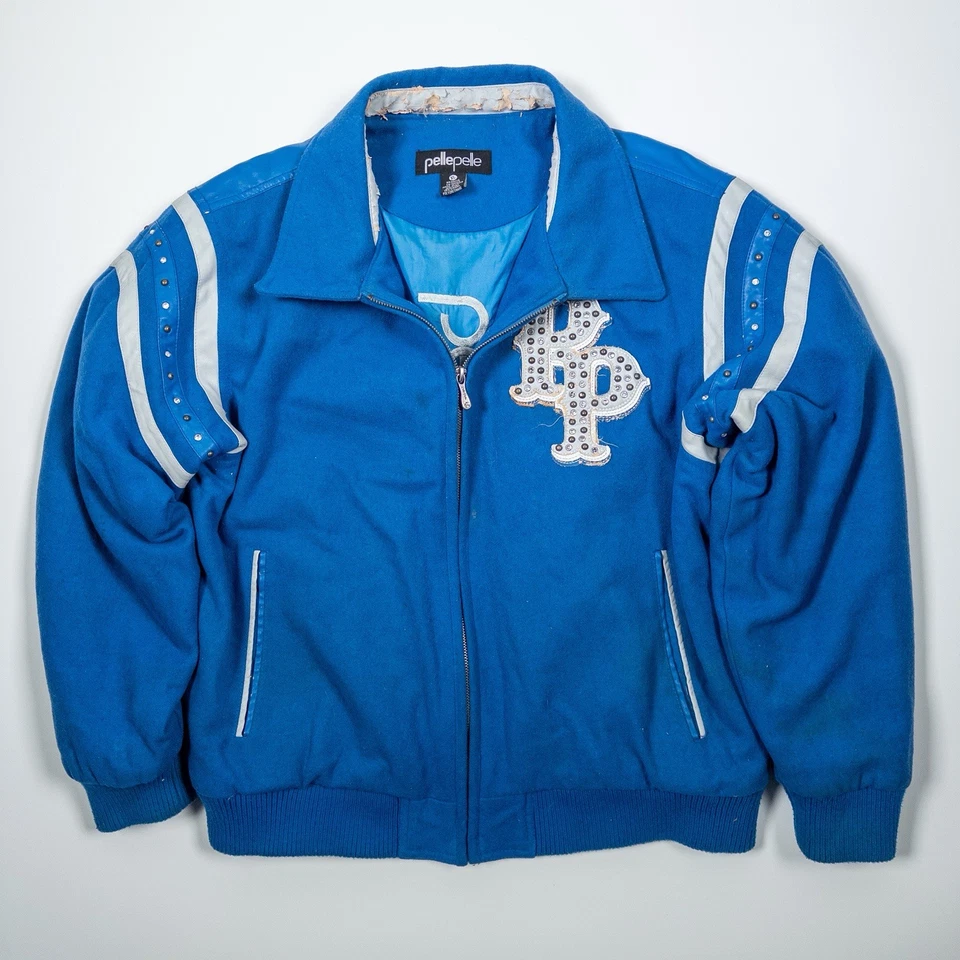 Pelle Pelle Detroit Jacket Men’s XL Blue Wool Leather Trim Studded Worn Vintage - Image 4 of 4