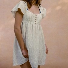 URBAN OUTFITTERS Cream Tan Gingham Puff Sleeve Square Neck Mini Dress Small