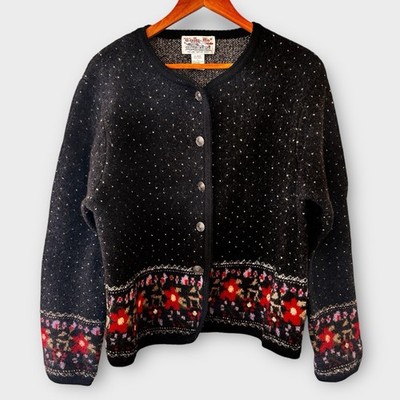 Vintage Tally Ho Wool Nordic Cardigan Sweater Womens Size L Floral Birds Eye