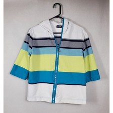 Onque Casuals Womens XL Striped Full Zip Hoodie Elbow Sleeve Blue Lime White