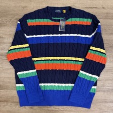 NWT Ralph Lauren Polo Men  s XXL Multi Color Striped Cable Knit Cotton Sweater