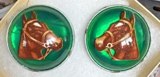 Vintage Pair Bridle Rosettes H.A. Chapman Horse Head Domed Green Glass 1960s