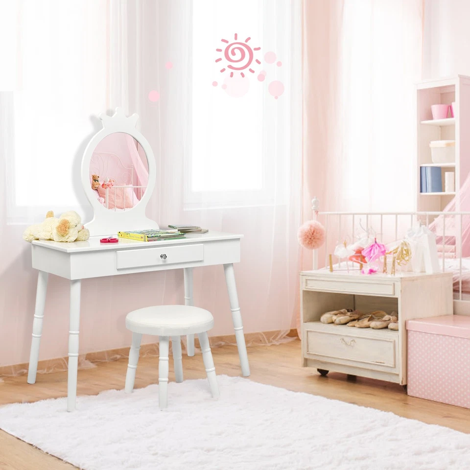 Juego de mesa y silla de maquillaje tocador para niños juego de taburete de maquillaje para niños blanco Foto 3 de 4