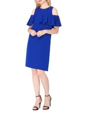 Tahari Dress Women's Size 8 Royal Blue Ruffle Evening Shift Glam Winter Classic