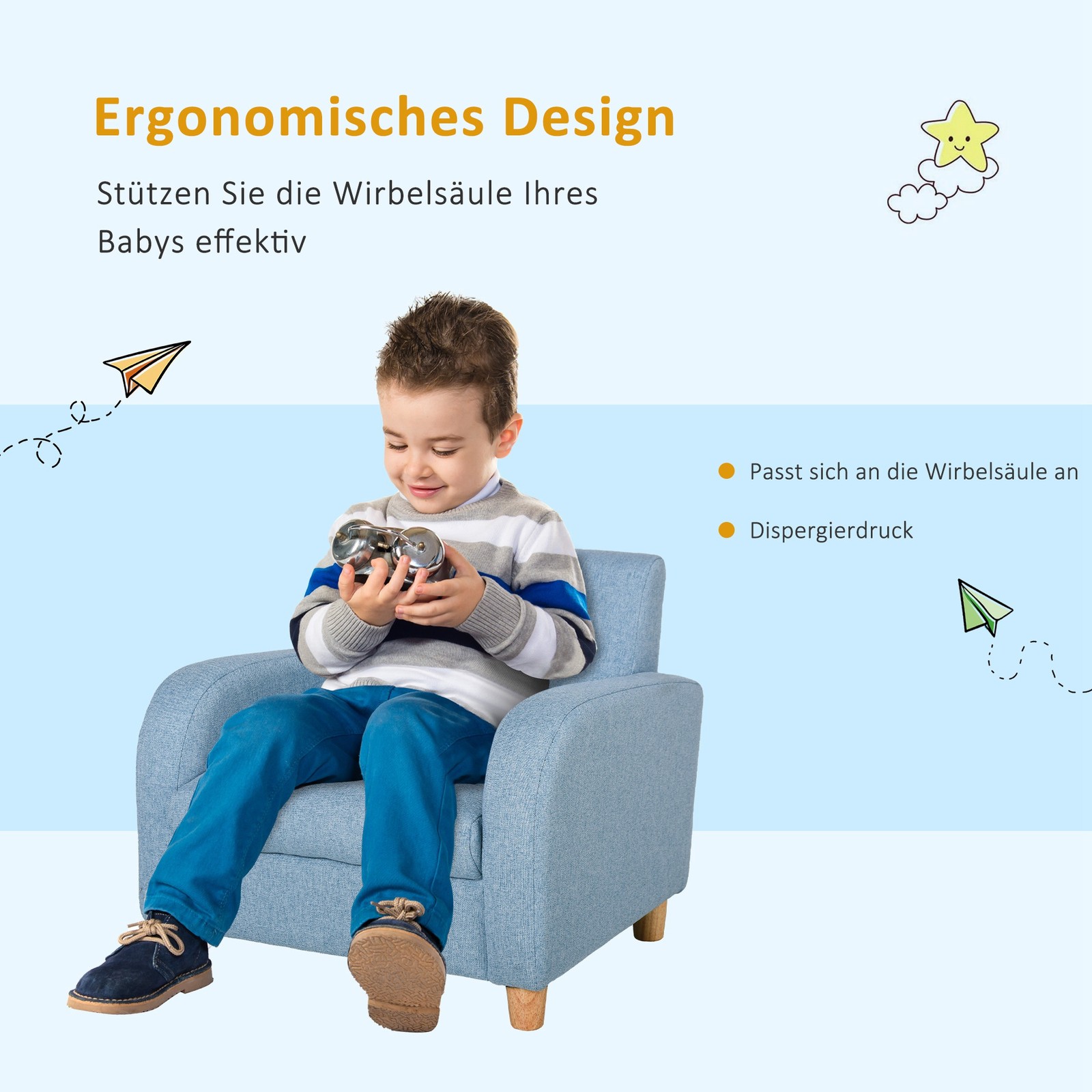 Divano per Bambini Poltrona per Bambini con Schiuma Spessa Cuscino Sedile Lino Blu foto 5
