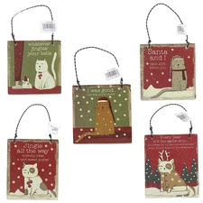 Primitives By Kathy Sassy Cat Tree Ornament Set St/5  Sentiments Christmas