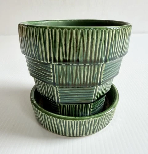 Vintage McCoy Basketweave Green Planter Flower Pot 6" w/ Attached Saucer