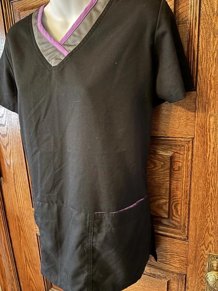 Blusa Médica Grey's Anatomy Negra Púrpura Color Bloque Cuello en V 2 Bolsillos, Para Mujer M Foto 3 de 4