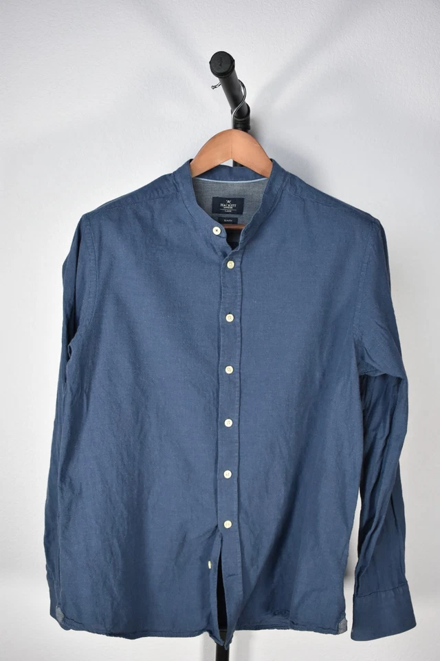 Camisa Hackett London Para Hombre Grande Calce Ajustado 100% Algodón Azul Marino Cuello Banda Foto 4 de 4