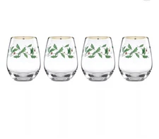 Lenox Holiday Stemless Wine Glasses Holly Berry Leaves SET of 4 Christmas NEW