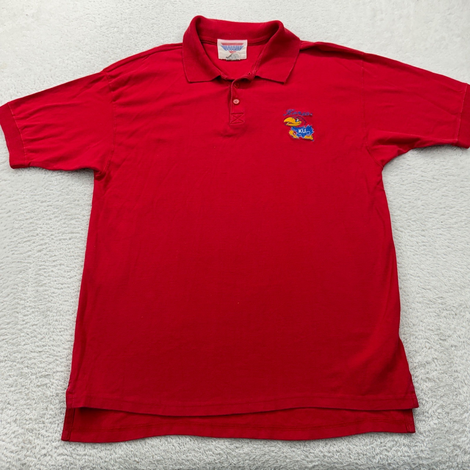 VTG Dodgers Kansas Jayhawks KU Red Polo Shirt Mens Size Large Embroidered Logo