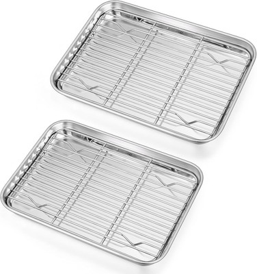 Toaster Oven Pans with Racks Set of 2, Stainless Steel Oven Tray Small Baking Pa