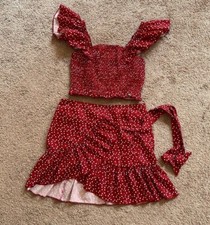 two piece dress, wrap skirt with ruffles, stretch top with ruffle sleeves size S