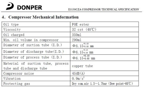 COMPRESOR DONPER E1130CZ R134A BAJA TEMPERATURA 12.1 DISP 284W @ -25 3/8+HP 240V 50HZ - Imagen 7 de 7