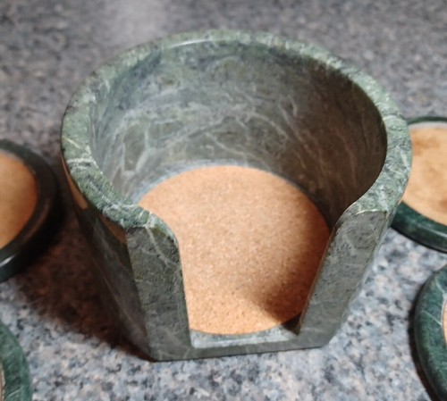 Vintage Green Marble Coaster Set With Cork Top Felt Bottom & Holder - Picture 8 of 11