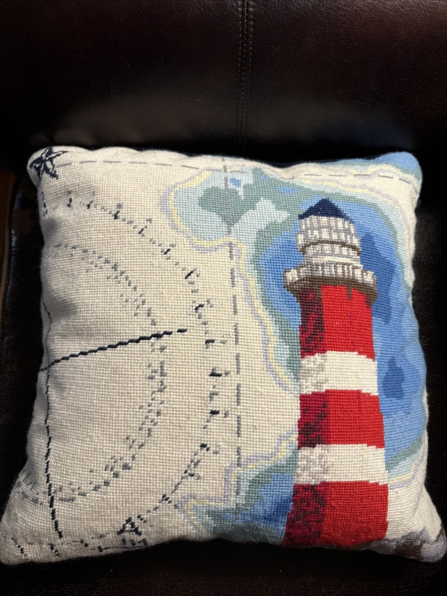 Lands End Needlepoint Nautical Ocean Pillow W/ Lighthouse Compass New