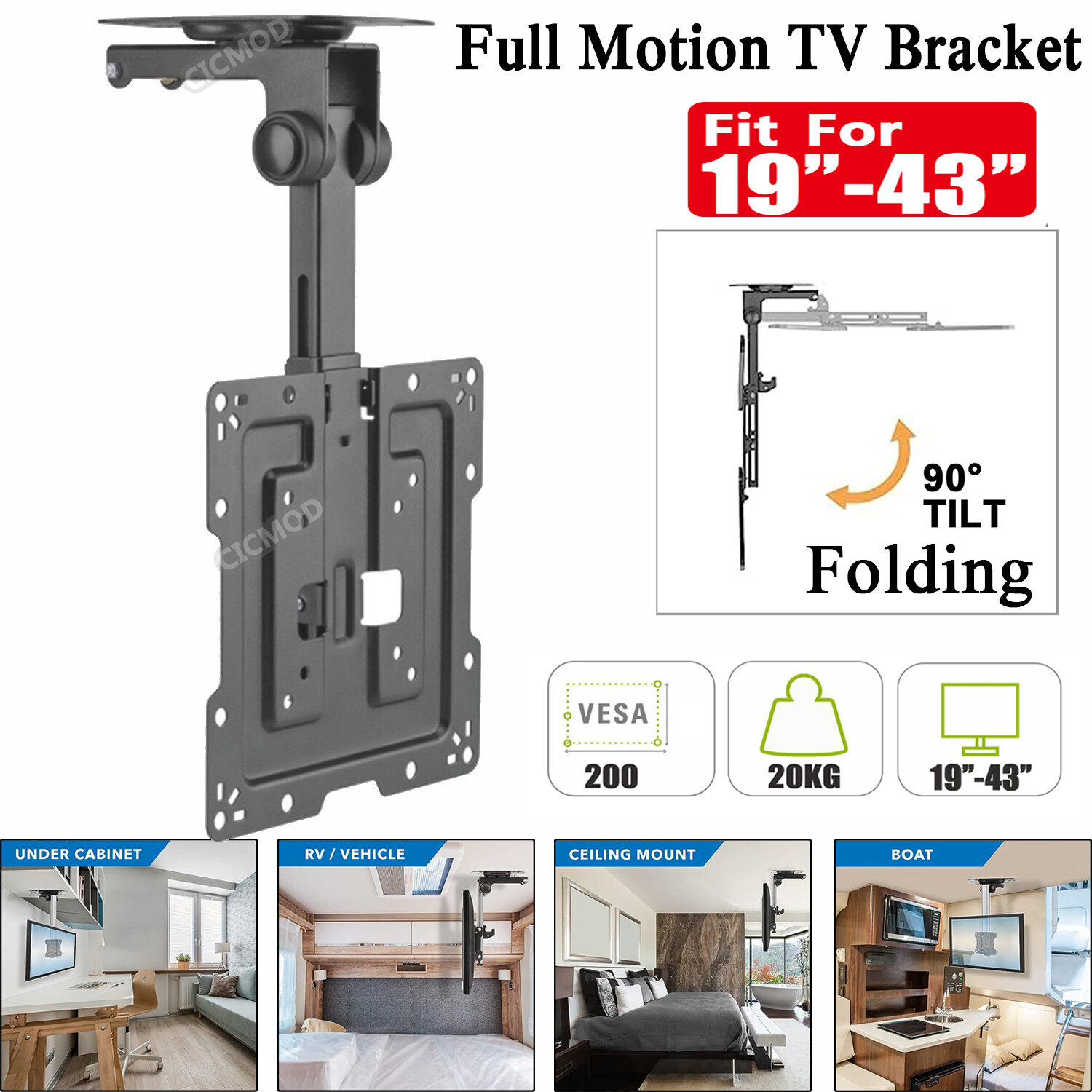 Campervan Ceiling TV Wall Mount Bracket Fold Down Swivel Tilt For 19-43"" LED LCD
