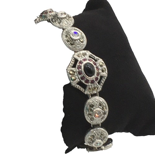 Art Deco Style marcasite striped onyx MOP sterling silver strap