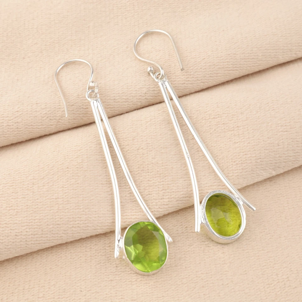 Natural Peridot Gemstone 925 Sterling Silver Handmade Drop/Dangle Earrings 2.63" - Image 2 of 4