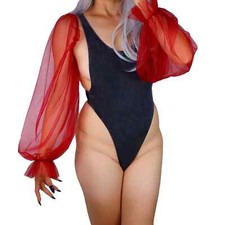 Large Puff SLEEVES Burgundy Oversized TULLE Lace Mesh Sheer Fingerless Glove