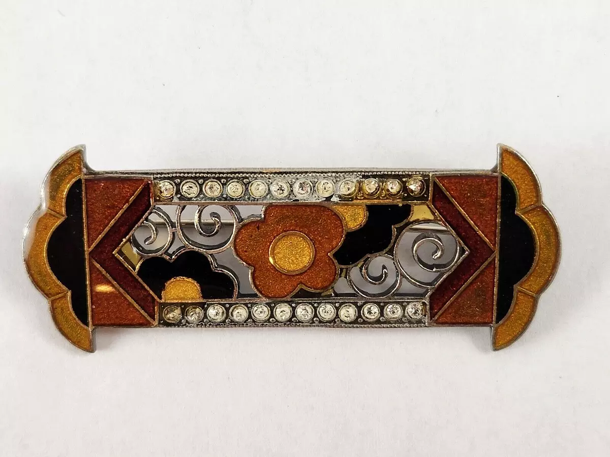 Pierre Bex Stylized Flower Art Deco Enamel Rhinestone Bar Brooch