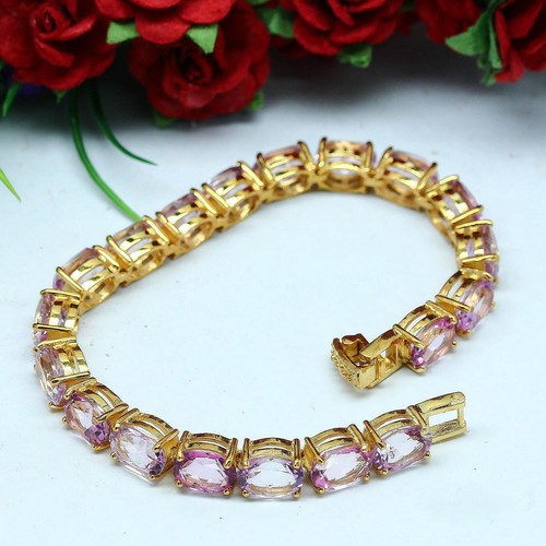 14k Yellow Gold Plated Men's Women's Oval Lab Created Topaz Bracelet 925 Silver - Picture 2 of 4