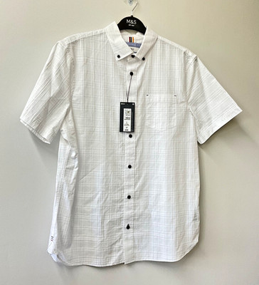 M&S Collection Easy Iron White Pure Cotton Textured Check Men's Shirt Large New