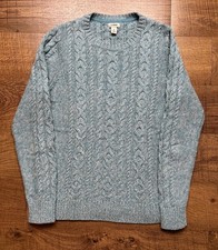 LL Bean Cable Knit Fisherman Sweater Teal Gray Womens Medium Crewneck Cotton