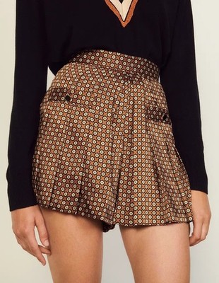 Sandro Daisy Print Pleated Satin Shorts Size M FR 38 UK 10