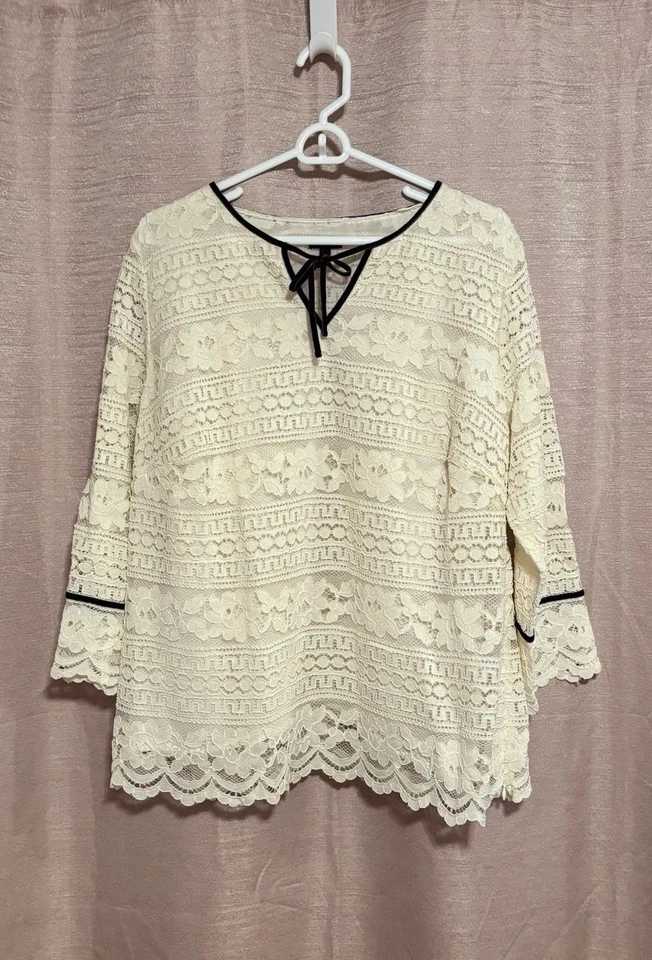 Blusa Talbots feminina tamanho 1X marfim renda mistura de náilon zíper lateral acabamento veludo nova com etiquetas - Imagem 2 de 4