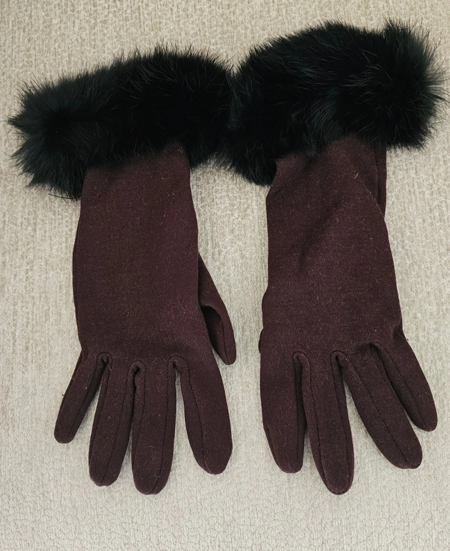 Women's Gloves W/Rabbit Fur Trim Warm Material W/Spandex Dark Brown Size Medium