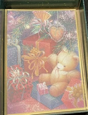 20 Christmas Tree Teddy Bear Holiday Cards Lace Ribbon Gold Shimmer Hallmark Box