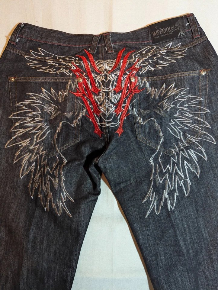 Jeans Imperious Delf Trading para Hombres W40XL32 Sueltos Pierna Ancha Bordados Denim Negros Foto 2 de 4