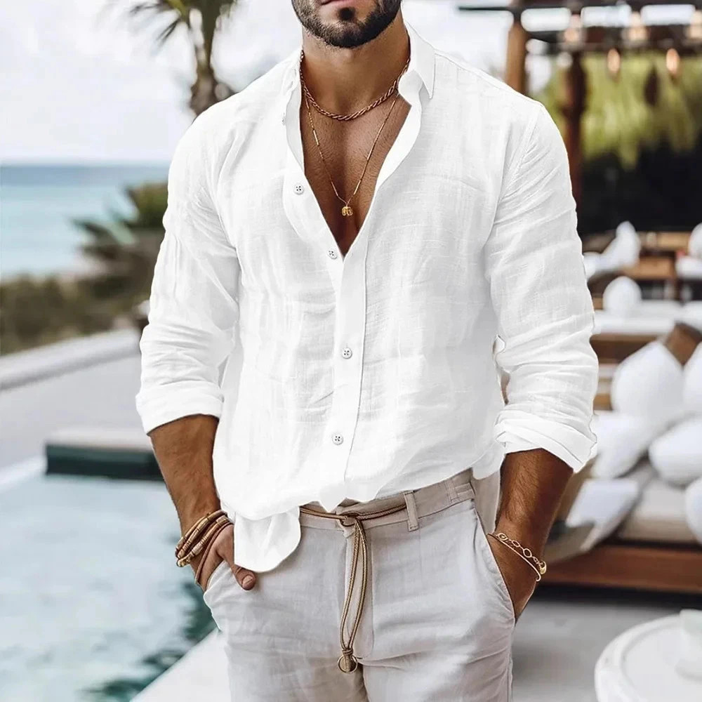 Camisa de lino y algodón para hombre camisa de manga larga Color sólido, estilo