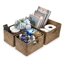 Set of 3 Natural Wicker Basket, Handwoven Seagrass Basket, Storage Bins Coffee