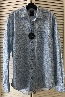 Marcello Men's Long Sleeve Floral  Cotton Shirt Size Large  Blues New  Turkey