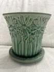 VINTAGE MCCOY POTTERY DAISY PLANTER AQUA TURQUOISE FLOWERPOT ATTACHED SAUCER 5"