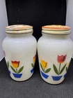 Vintage Fire King Tulip Milk Glass White Salt & Pepper Shakers w/Original Lids