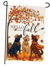  Hello Fall Dogs Garden Flag 12x18 Inch Double Sided Burlap Autumn Maple 