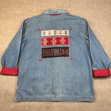 Vintage Chicos Chore Jacket Womens 2 Blue Denim Embroidered Back Boho Southwest