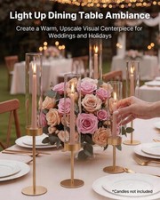 Hurricane Candle Holders Set of 18, Gold Metal Stand with Clear Glass Cylinders