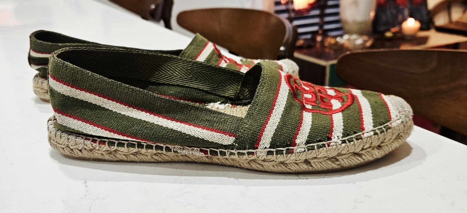 Tory Burch Women’s Size 8 Slip On Espadrilles Green Striped Red Canvas Logo thumbnail 3