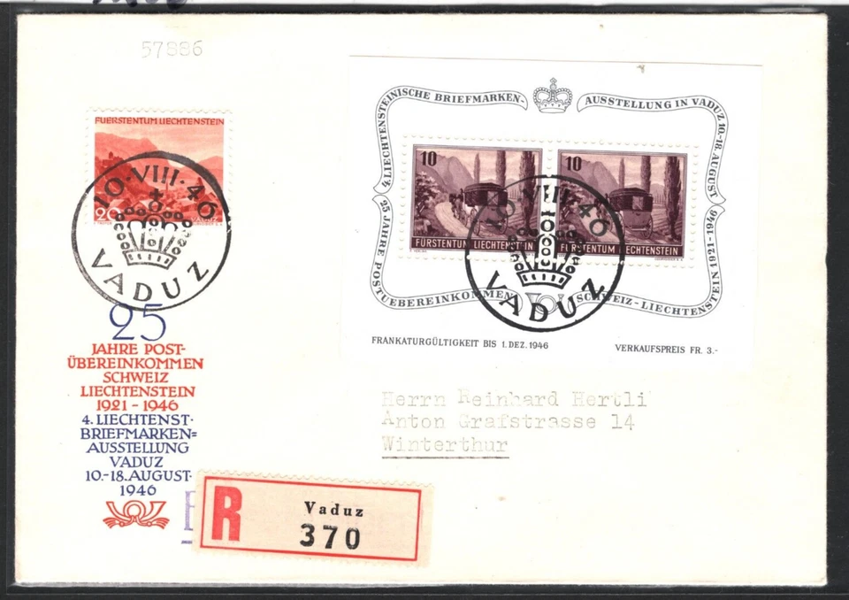 LIECHTENSTEIN Air 1946 FDC Mail-Coach *MINIATURE SHEET* First Day Cover KA259 - Image 2 of 4